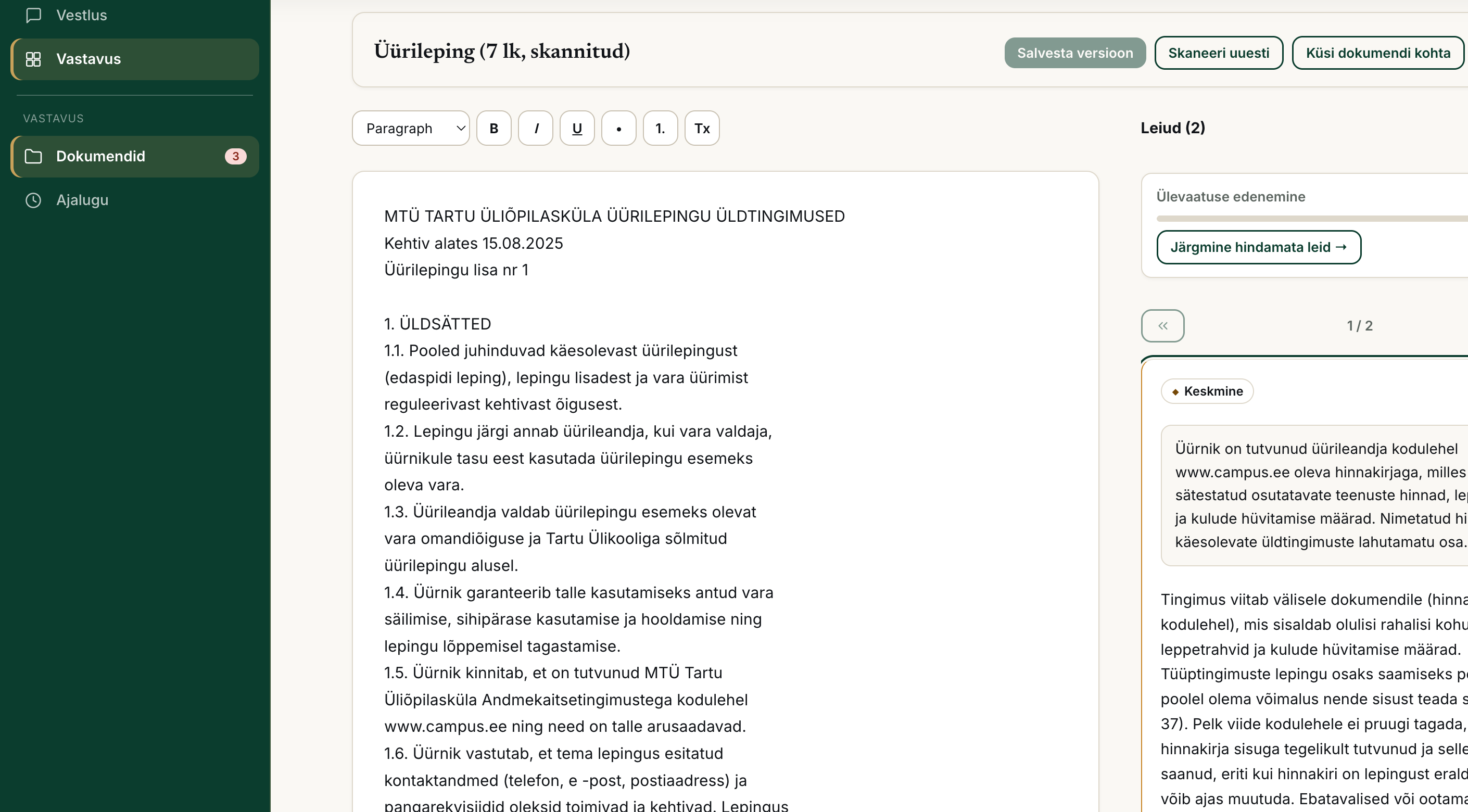 Juvo Vastavus: avatud üürileping koos leidude paneeliga