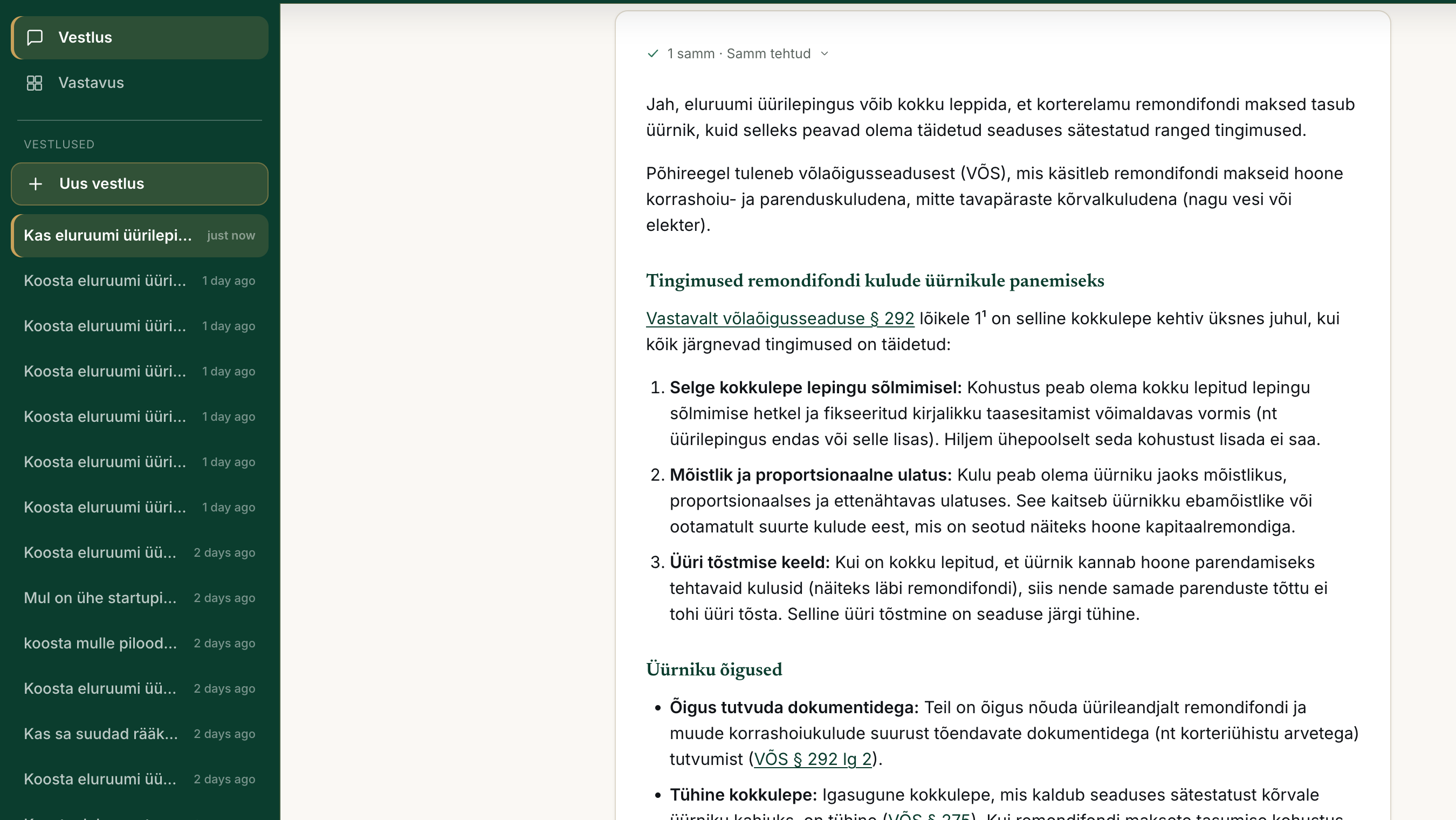 Juvo Vestlus: viidetega vastus, iga paragrahv nimetatud ja klikitav